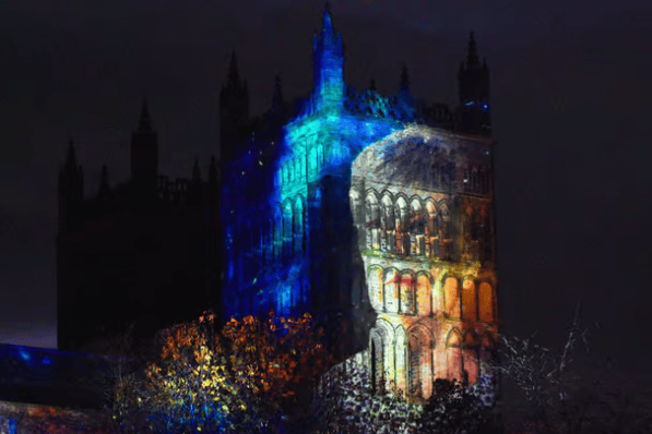 Durham Cathedral lit up during the 2021 Lumiere festival and it looks spectacular.