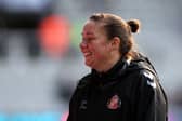 Melanie Reay, Manager of Sunderland, interacts with fans prior to the Barclays Women's Super League 2 match between Newcastle United and Sunderland at St James' Park on November 16, 2025 in Newcastle upon Tyne, England. (Photo by Nigel Roddis/Getty Images)