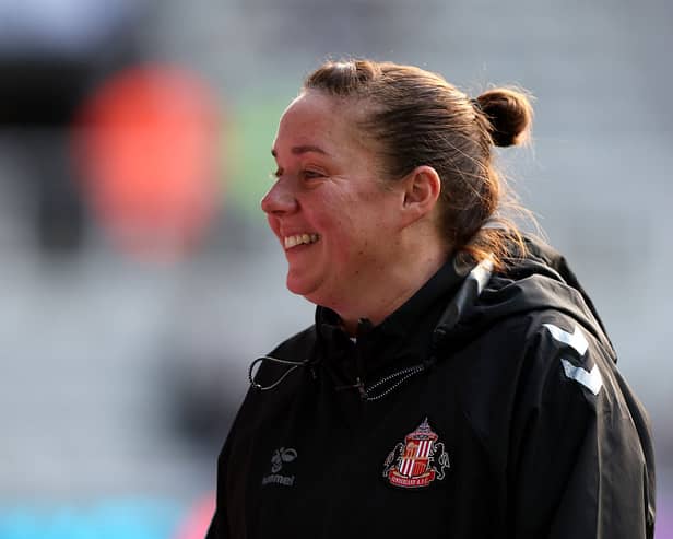 Melanie Reay, Manager of Sunderland, interacts with fans prior to the Barclays Women's Super League 2 match between Newcastle United and Sunderland at St James' Park on November 16, 2025 in Newcastle upon Tyne, England. (Photo by Nigel Roddis/Getty Images)