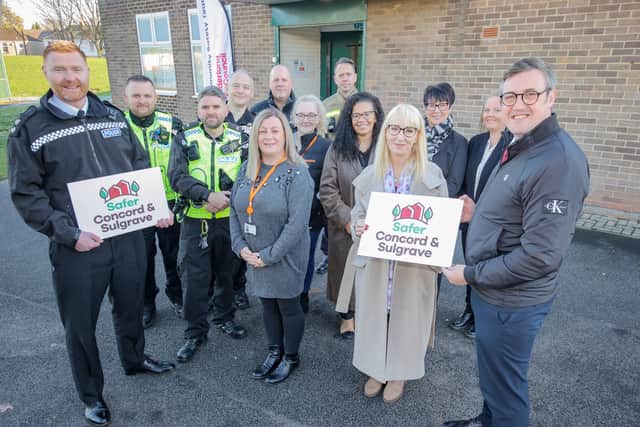 Front Row L - R: Sunderland Area Commander Chief Superintendent Mark Hall, Councillor Kelly Chequer, Deputy Leader and Cabinet Member for Health, Wellbeing and Safer Communities at Sunderland City Council and Councillor Michael Mordey, Leader of Sunderland City Council, with members of the Concord and Sulgrave Community Safety Hub team.