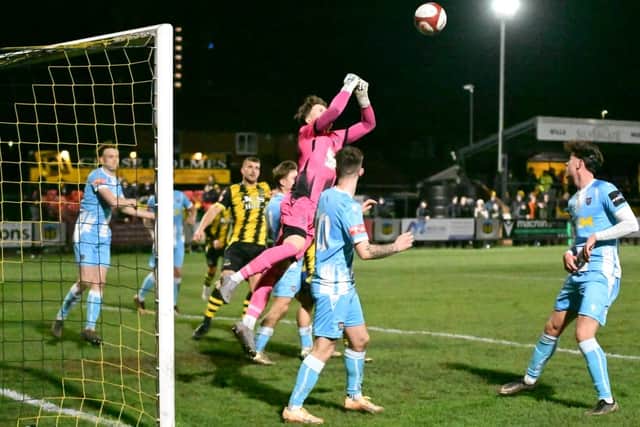 Sunderland academy goalkeeper Isaac Allan in action for loan club Morpeth Town during their 2-1 defeat at Northern Premier League Premier Division rivals Morpeth Town (photo Tyler Lopes)