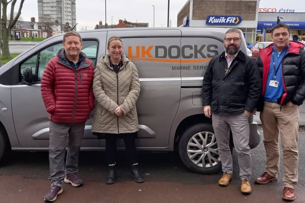 Veterans in Crisis' Ger Fowler, (left), with UK Docks' Emma Bryson, Nick Elliott and Kevin Hodgson at the donation drop-off.