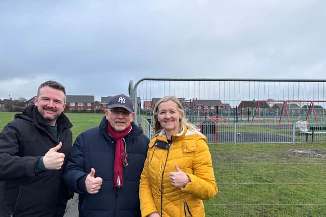 left to right: Councillors Martin Haswell, Steve Donkin and Julia Potts (Liberal Democrats) at the site of the new playground on Blackie Park.