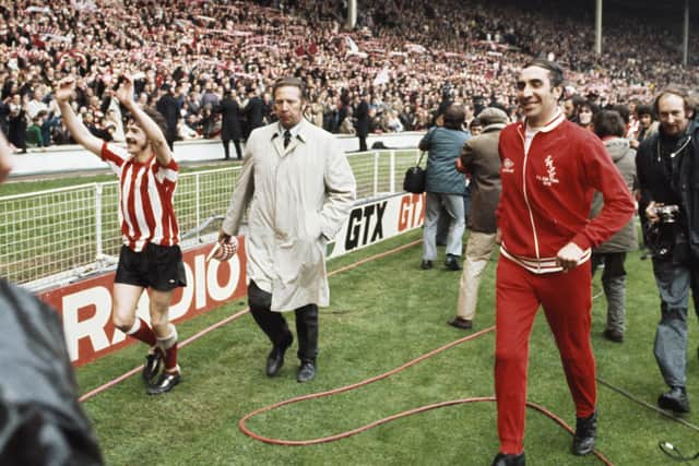 Sunderland captain Bobby Kerr and manager Bob Stokoe celebrate after their 1-0 victory over Leeds in the 1973 FA Cup Final.
(Photo by Don Morley/Allsport/Getty Images)
