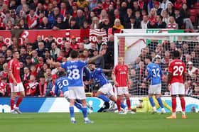 Omar Alderete of Sunderland celebrates scoring his team's first goal during the Premier League match between Nottingham Forest and Sunderland.