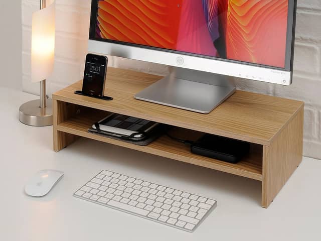 This screen riser is ideal for keeping desktop clutter stored away