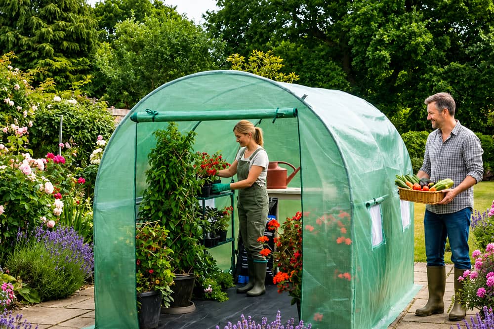 The spacious walk-in greenhouse includes ventilation windows and a weather-resistant PE cover for year-round outdoor use.