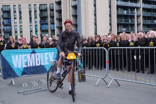 Sunderland's Jill Scott gets ready to set off from Wembley Stadium on her 388 mile journey to the Stadium of Light.