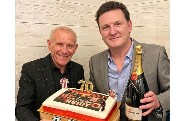 Peter Reid being presented with an SAFC themed birthday cake for his 70th birthday by Paul Goffy Gough at the Roker Hotel.