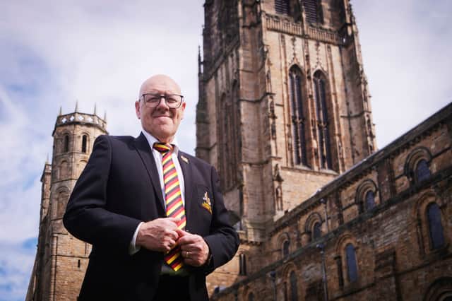 Easington Colliery band secretary Peter Lawson outside Durham Cathedral
Photo : BBC/Chalk Productions/Paul Stephenson