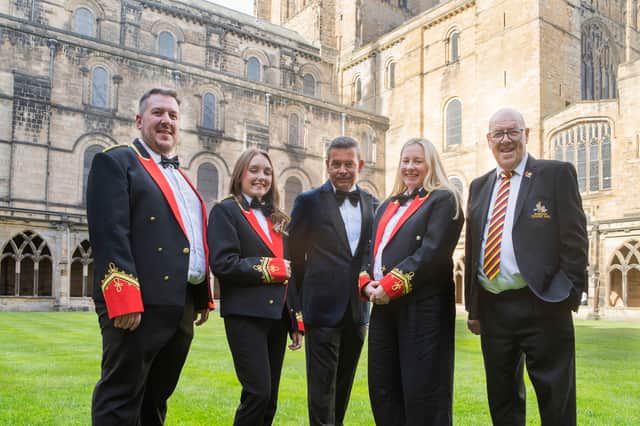 Band members Dan Robson, Sophie Reed, Graeme Tindall, Georgia Roberts, Peter Lawson, outside Durham Cathedral,
Photo :Chalk Productions,CREDIT LINE:BBC/Chalk Productions/Paul Stephenson