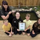 Fatfield Academy teacher and OPAL Lead Stacey Grotz with pupils Thea, Cohen, Mollie and Jake at the new school pond.