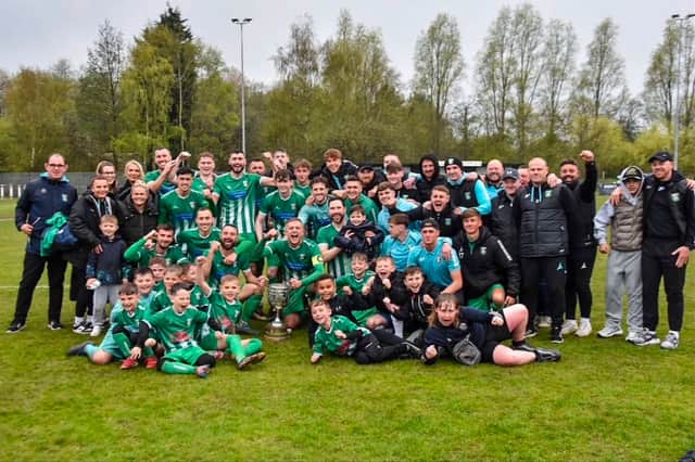 Easington Colliery celebrate their Brooks Mileson Memorial League Cup win against Shildon (photo Konner Wells)