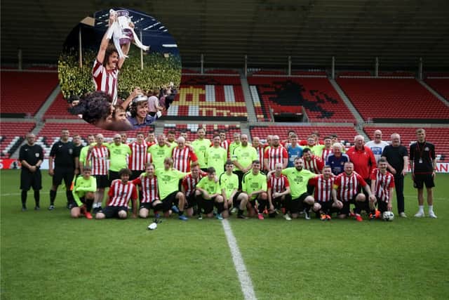 Members of the Fans Hub team taking part in a match at the Stadium of Light. (Inset) FA Cup winning captain Bobby Kerr will be taking part in the trip.