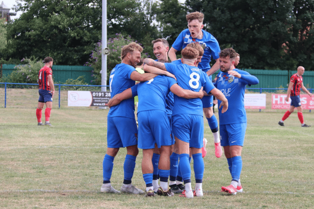 Boldon CA celebrate after scoring in their win at Northern League Division Two rivals FC Hartlepool (photo Mal Cooper)