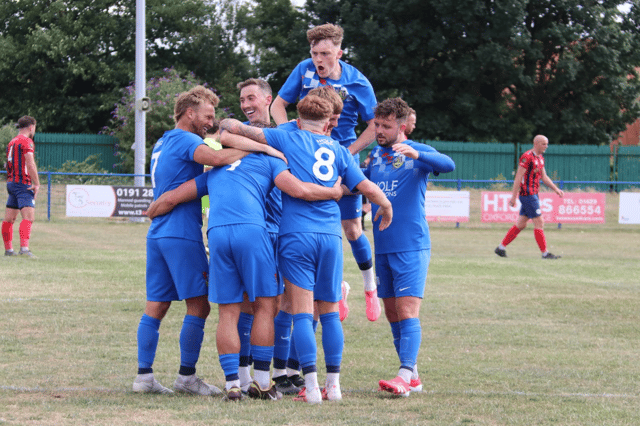 Boldon CA celebrate after scoring in their win at Northern League Division Two rivals FC Hartlepool (photo Mal Cooper)
