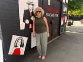 Ruth-Ann Boyle with her portrait on the Sunderland Music Wall of Fame