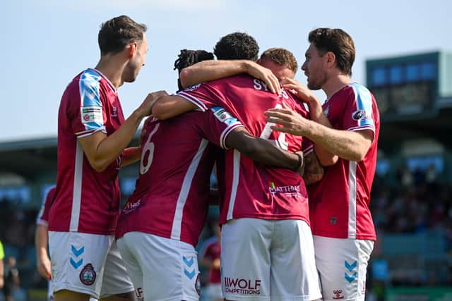 South Shields celebrate Cain Sykes' goal in their home game with National League North rivals Merthyr Town (photo Daniel Dutton)
