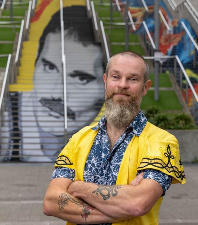 Frank with his incredible I'm Mr. Mercury Mural on Wembley Park's Spanish Steps