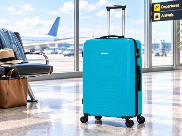 FLYMAX 29-inch 100-litre hard-shell suitcase in aqua.