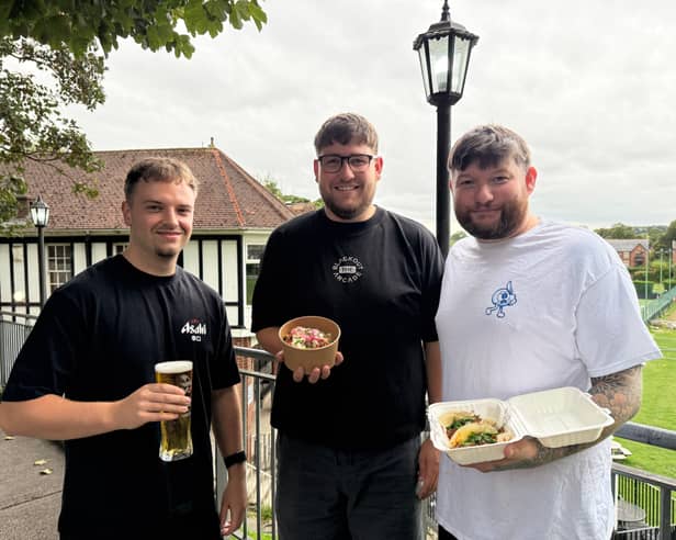 Bar manager Will Ibbitson with Ben Richardson and David Tanner from Atletico 70