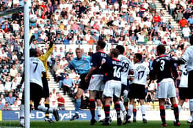 Mart fires in the bullet header which earned Sunderland a draw away at Derby County on this day in 2003.