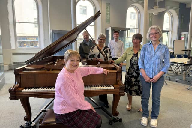 Sunderland Pianoforte Society chair Eileen Bown, front, with, from right, society members Hana Knotek, Jean Wilson, Liz White and David Murray, with James Large from Sunderland Museum & Winter Gardens