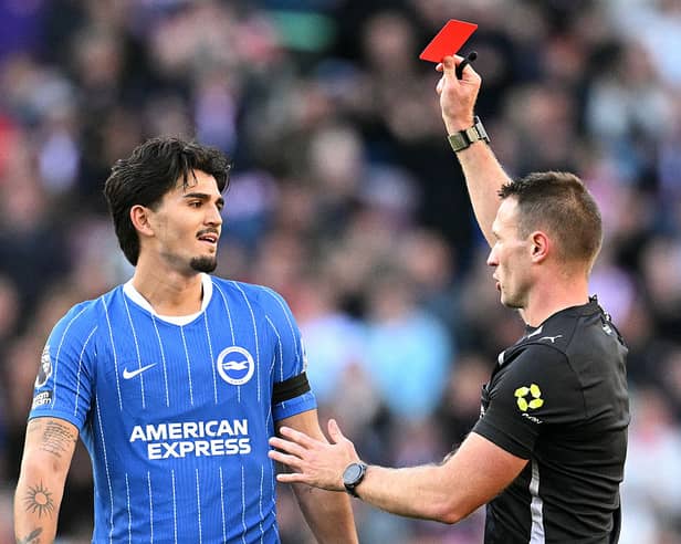 Brighton's Dutch defender Pascal Struijk sees red at Sunderland.