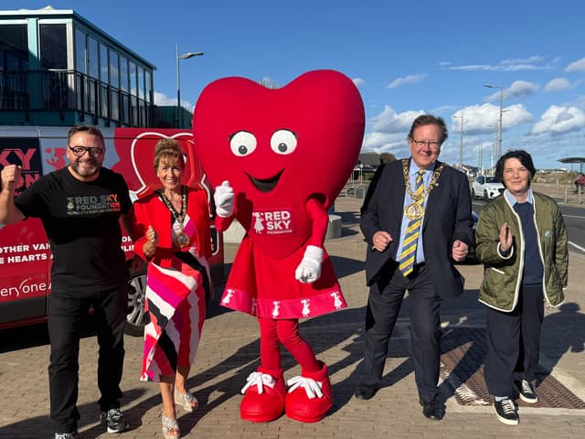 From left: Sergio Petrucci from Red Sky; Mayoress, Cllr Glenda Hall; Miss Beats; Mayor, Cllr Robert Hutchinson and Jackie Robson, president of Sunderland Lions Club