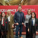 George Clarke with head teacher Amanda Parkes, Laidlaw Schools Trust CEO Sally Newton, and pupils Ava Bell, Sofia Lazazera, Lola Campbell, and Kaydee Okon.