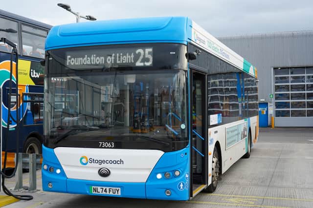 A Stagecoach bus shows where it is heading.
