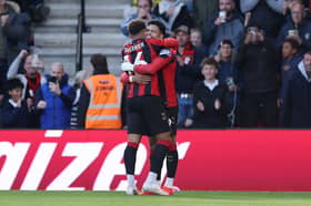 Evanilson and Marcus Tavernier celebrate at the Vitality Stadium