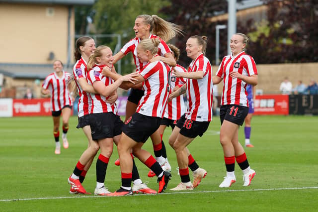 SAFC Women's players celebrate during their 4-1 win over Bristol City