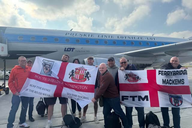 Sunderland fans heading to Poland to follow SAFC in the Europa League. Left to right, Peter Oliver, Ian Butterfield, Rob Butterfield, Scott Kelly, Kiera Kelly, Margy Millea, Darren Chown and Gary Nash.