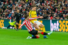 Trai Hume makes a challenge at the Stadium of Light. Pic by Chris Fryatt.