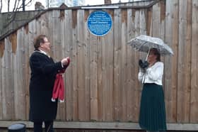 The mayor, Cllr Robert Hutchinson, officially unveils the Blue Plaque tribute to legendary Sunderland music promoter Geoff Docherty.
