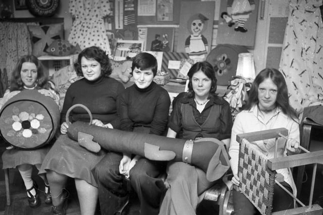 Pupils at Borsdane Brook school with examples of their art and craftwork in 1976