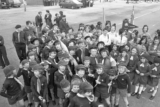 Ashton church walking day in 1972 with Scouts assembling before the start