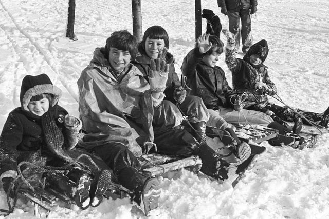 It was all smiles from this group as they practiced their sledging in Wakefield in December 1978.