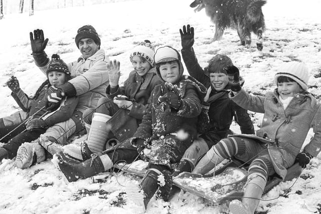 A group of friends wrapped up warm to enjoy a day in the snow in Wakefield in January 1985.