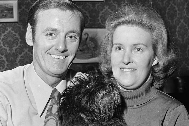 Landlord Jack and Joan Fearnley with dog Whiskey at The Dog and Partridge pub on School Lane, Standish, in December 1971.
