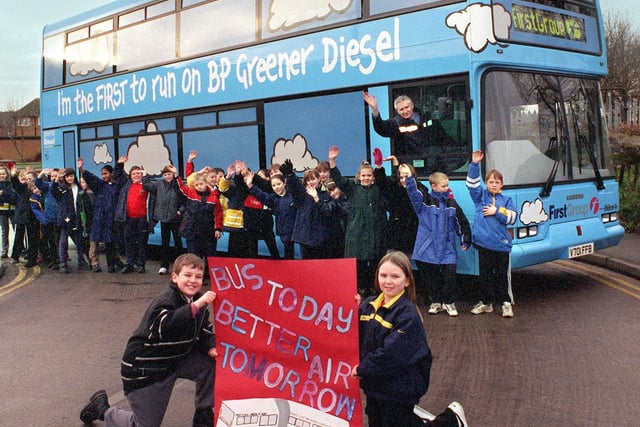 Bus driver Trevor Gibson with a group of children from Beeston Primary who took part in the Schools Environmental Charter, inviting schools to submit their own environmental message to a charter that will be presented to Downing Street.