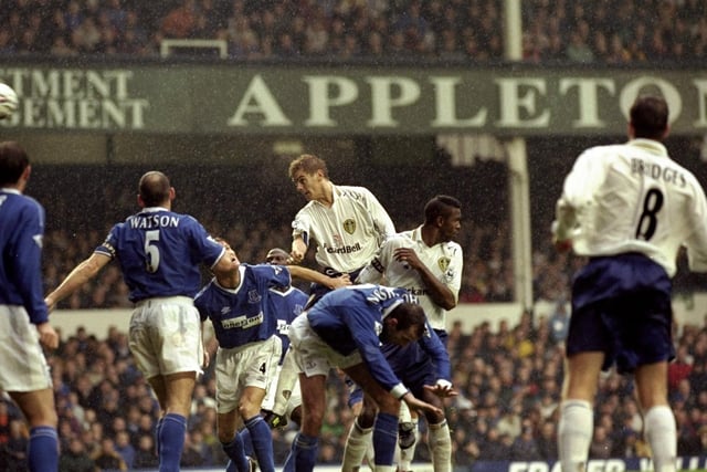 Jonny Woodgate rises to head home Leeds United's fourth goal against Everton during the FA Carling Premiership match at Goodison Park in October 1999. The game ended 4-4.