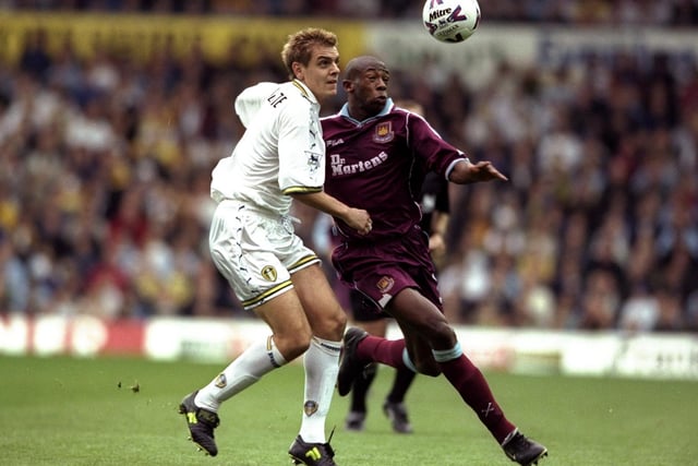 Jonny Woodgate battles with West Ham United striker Paulo Wanchope during the FA Carling Premiership clash at Elland Road in October 1999. The Whites won 1-0.