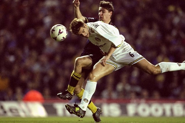 Jonny Woodgate challenges Southampton's Marian Pahars during the FA Carling Premiership match at Elland Road in October 1999. Leeds won 1-0.