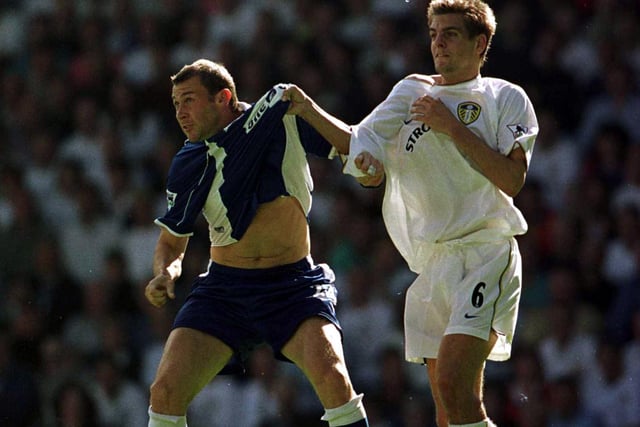 Jonny Woodgate holds on to Everton's Duncan Ferguson during the FA Carling Premiership clash at Elland Road in August 2000.