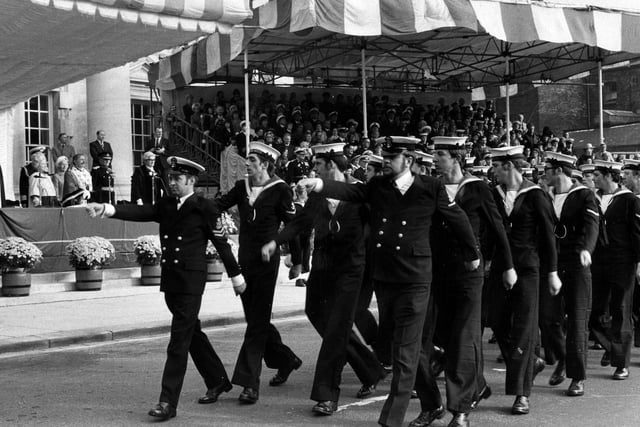 Crew of HMS Ark Royal parade past HM Queen Elizabeth, the Queen Mother outside Leed Civic Hall.