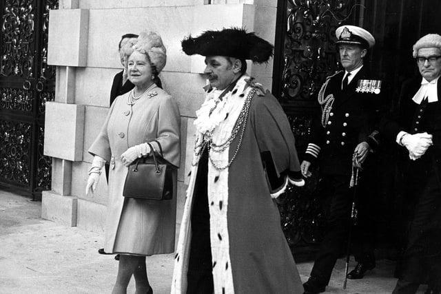 The Queen Mother is outside Leeds Civic Hall with Lord Mayor Kenneth Travis Davison. On the left is Captain A.D. Cassidy, HMS Ark Royal.