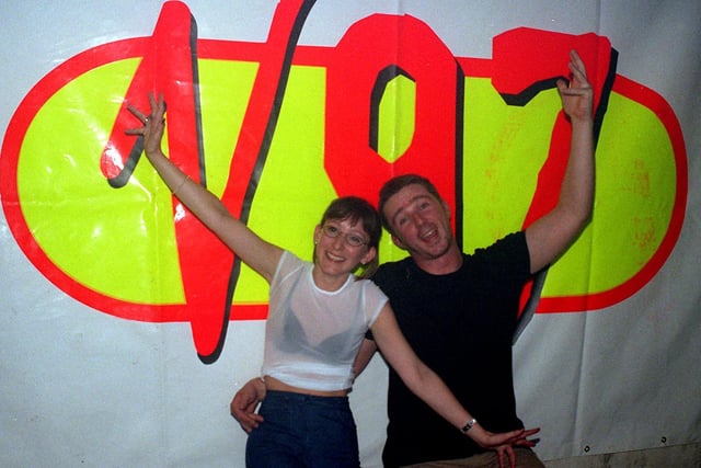 The launch of club night V97 at Warehouse in 1997. Pictured are winners of the event's free prize draw Jo Bennet and Scott Dunwoodie - who bagged a weekend in New York