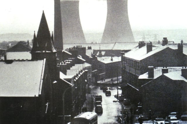 A misty morning view down Chapel Lane towards Westwood cooling towers in the late 1960s.